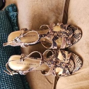 Dana Buchman Leather Wedges 8 M black and tan open toes brown wedge open toes